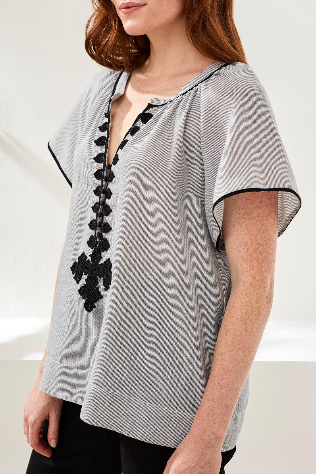 Tribal Black Stripe SS Blouse with Tape Detail
