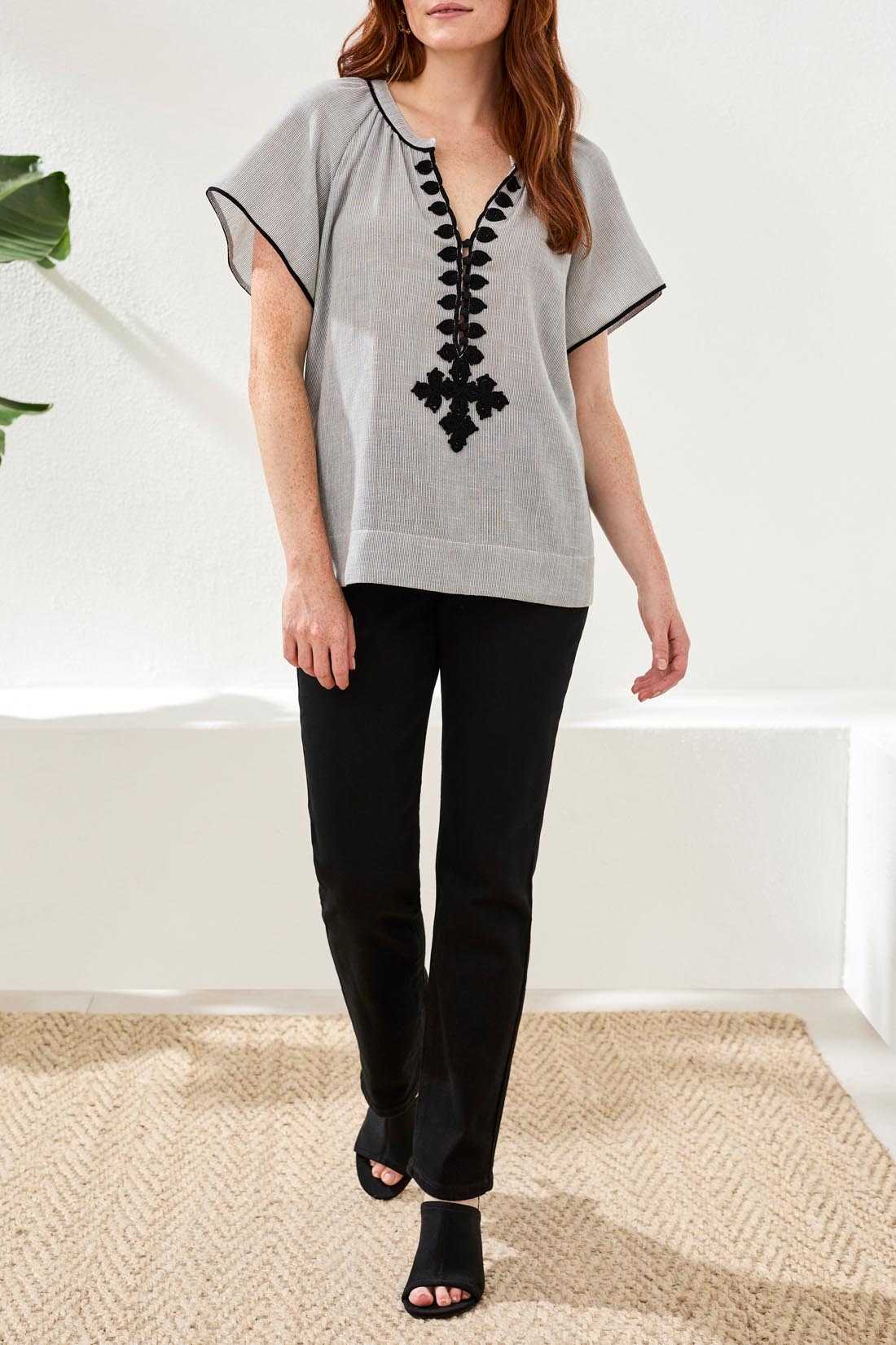 Tribal Black Stripe SS Blouse with Tape Detail