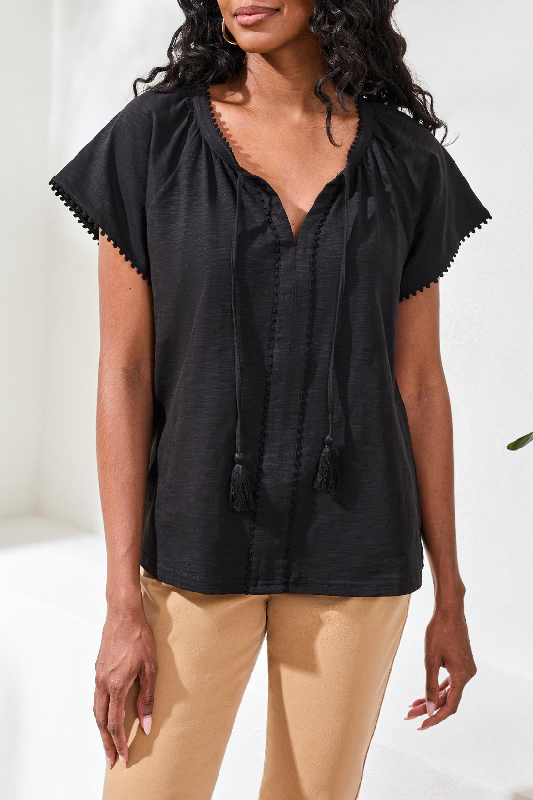 Tribal Black SS Split Neck Tassel Top