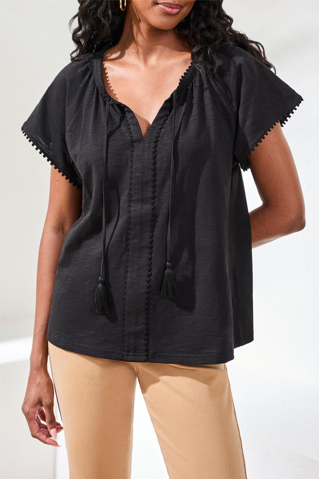 Tribal Black SS Split Neck Tassel Top