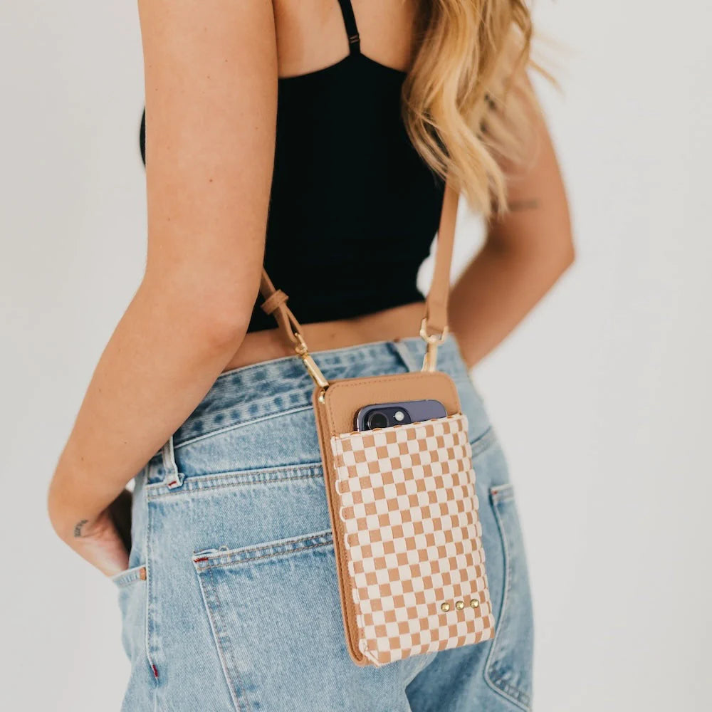 Tan Checker Woven Phone Bag — Accents Boutique, Marble Falls TX