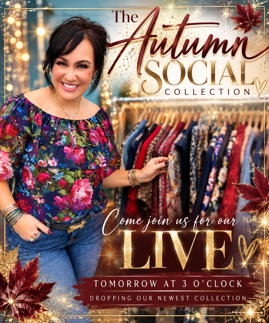 The Autumn Social Collection cover, a black medallion print puff sleeve top styled with jeans