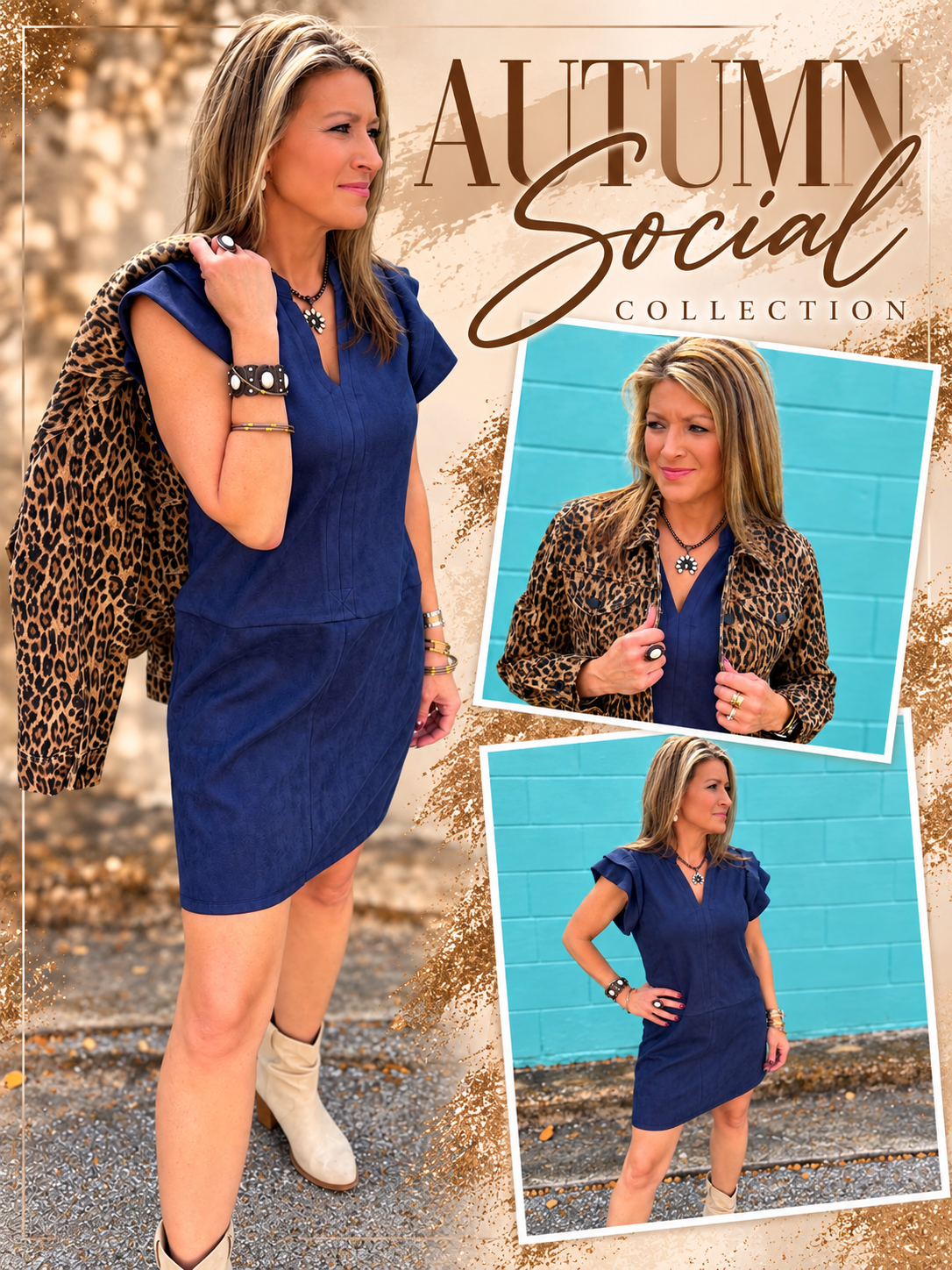 Leopard print button-front dress with puff sleeves, styled with amber bangles, a concho necklace and a cream chain-strap bag