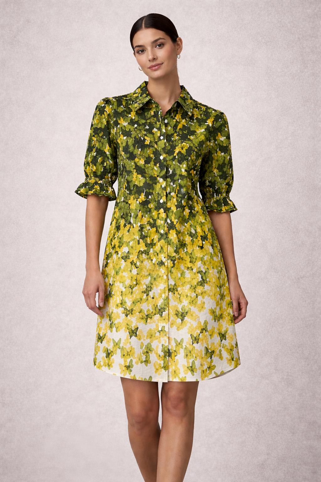 Yellow Butterfly Button Front Shirt Dress