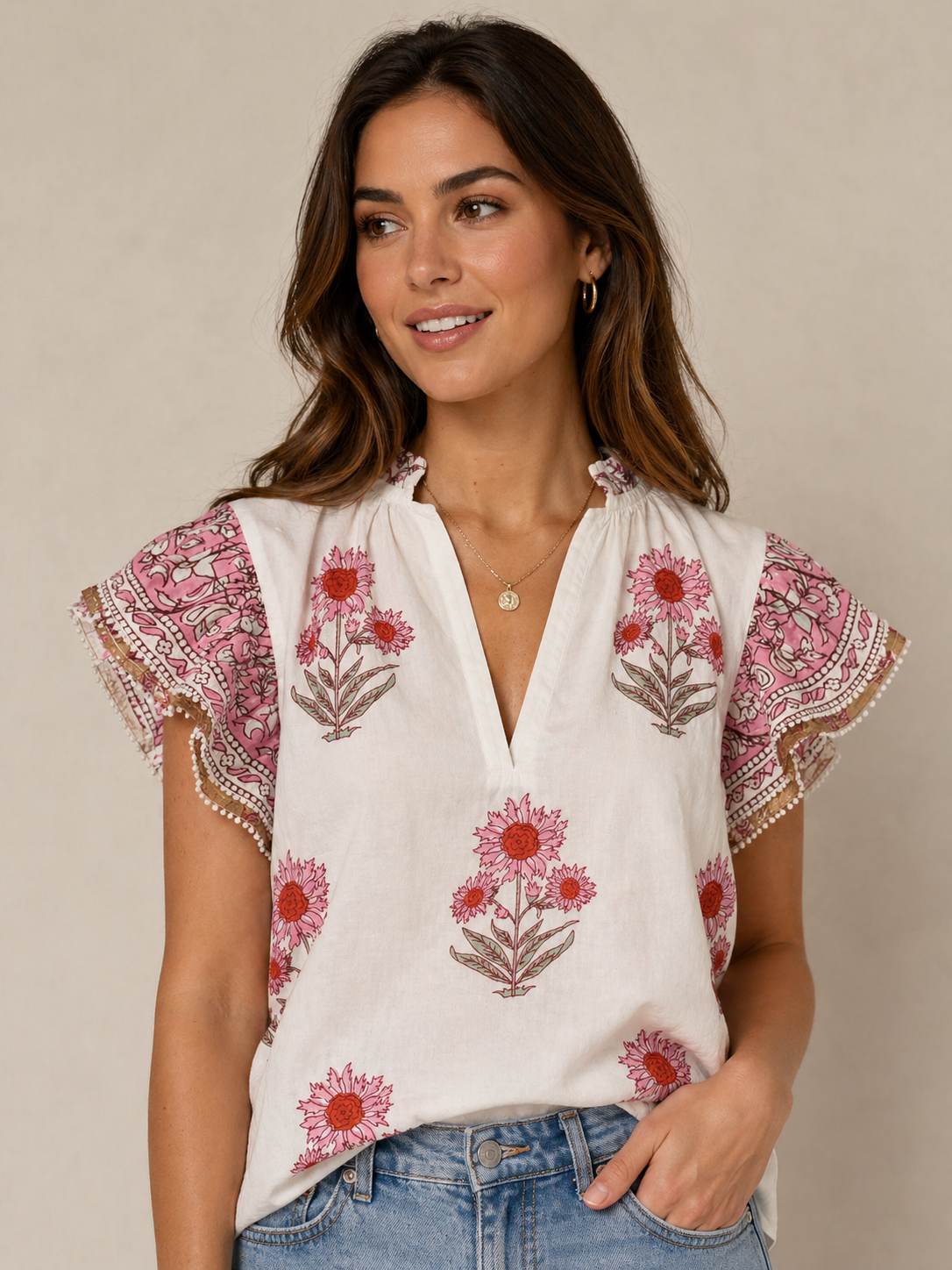 Ivory Floral Ruffle Sleeve Top