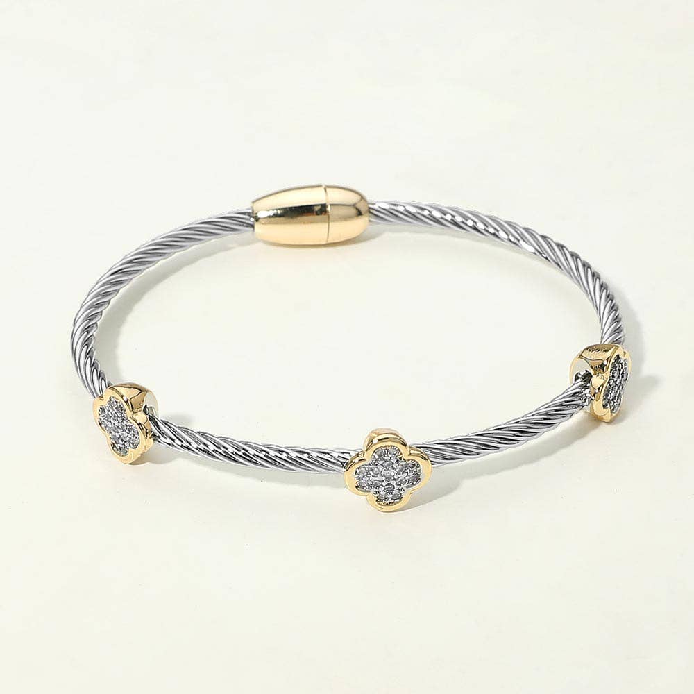 14K Gold Plated Two Tone CZ Pave Quatrefoil Bezel Station Twisted Cable Magnetic Bracelet