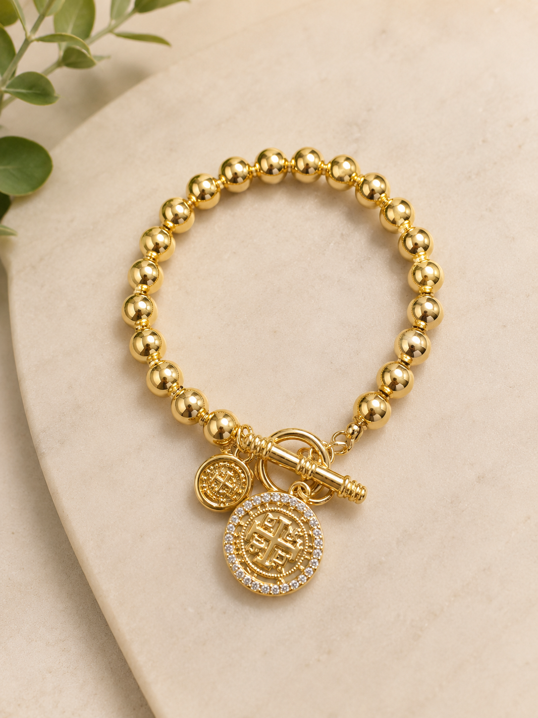 Gold Beaded Toggle Crystal Coin Bracelet