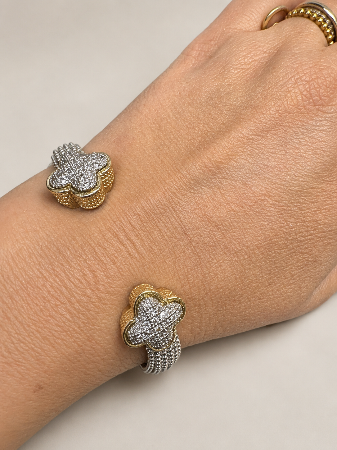 Pave Clover Two Tone Hinge Bracelet