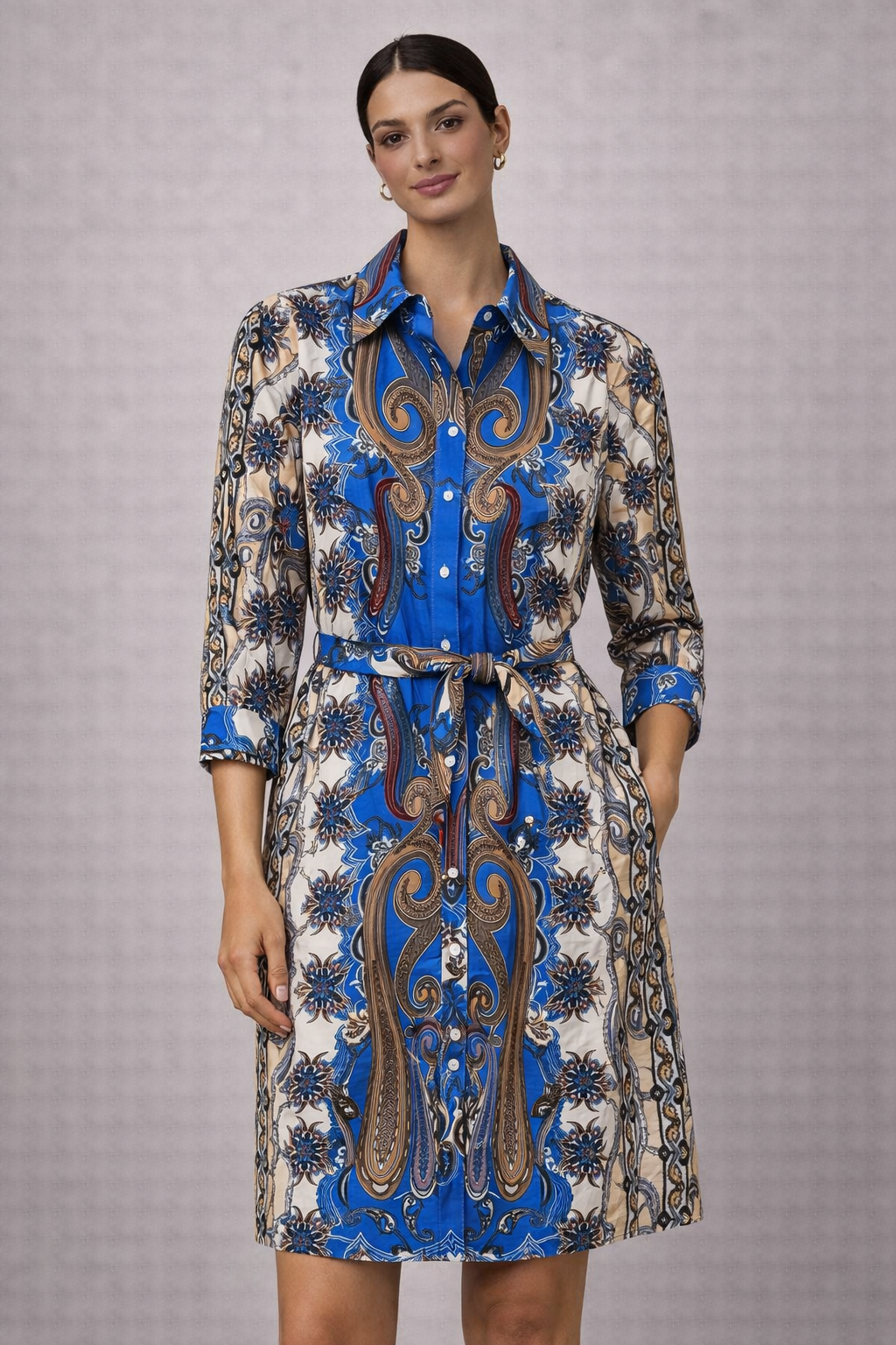 Blue Scarf Print Button Front Belted Dress