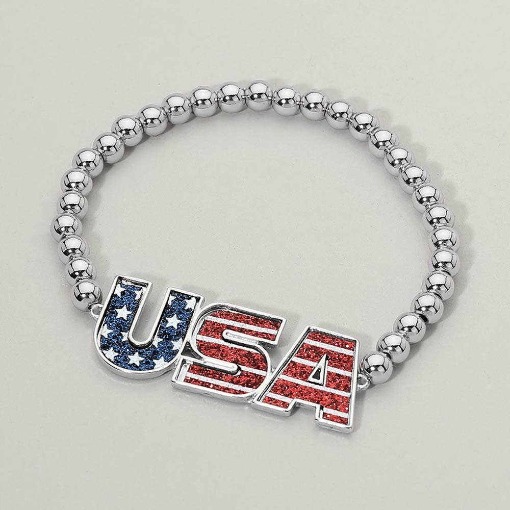 Enamel American USA Flag Letter Beaded Stretch Bracelet