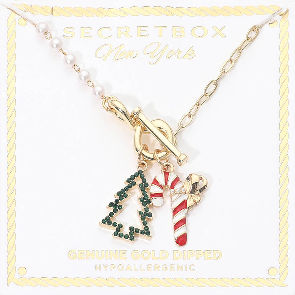 Secret Box Genuine Gold Dipped Christmas Tree Candy Cane Charm Pearl Paperclip Chain Toggle Necklace