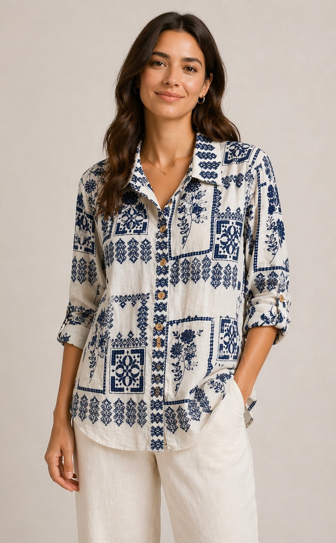 John Mark Blue Floral Eyelet Patchwork Blouse