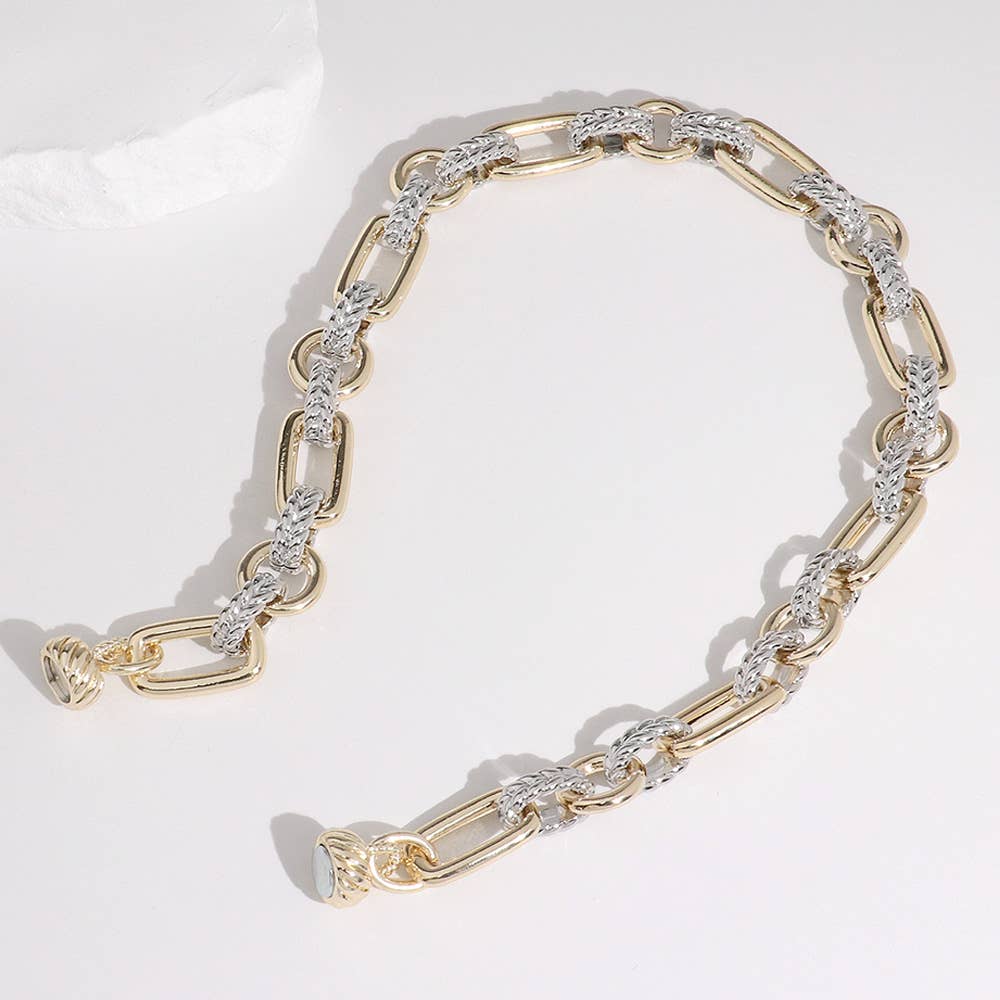 14K Gold Plated Two Tone Textured Chain Magnetic Necklace