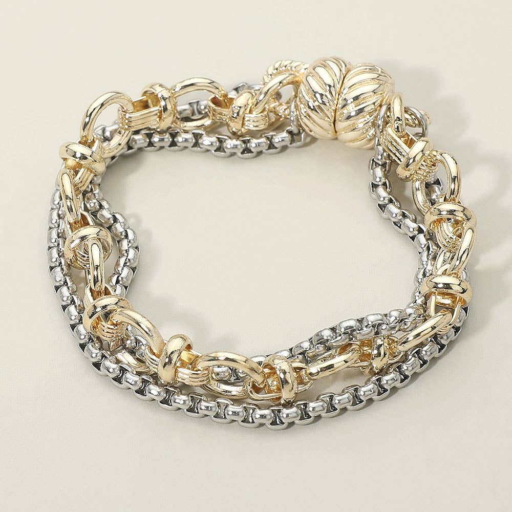 14K Gold Plated Two Tone Mixed Chain Layered Magnetic Bracelet