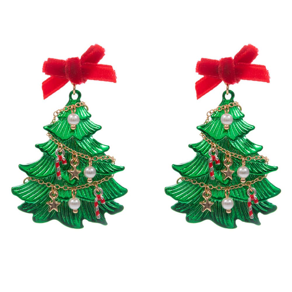 Festive Bow Accent Christmas Tree Drop Dangle Earrings
