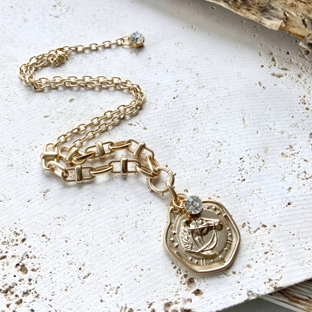 Gold Tone Equestrian Link Necklace