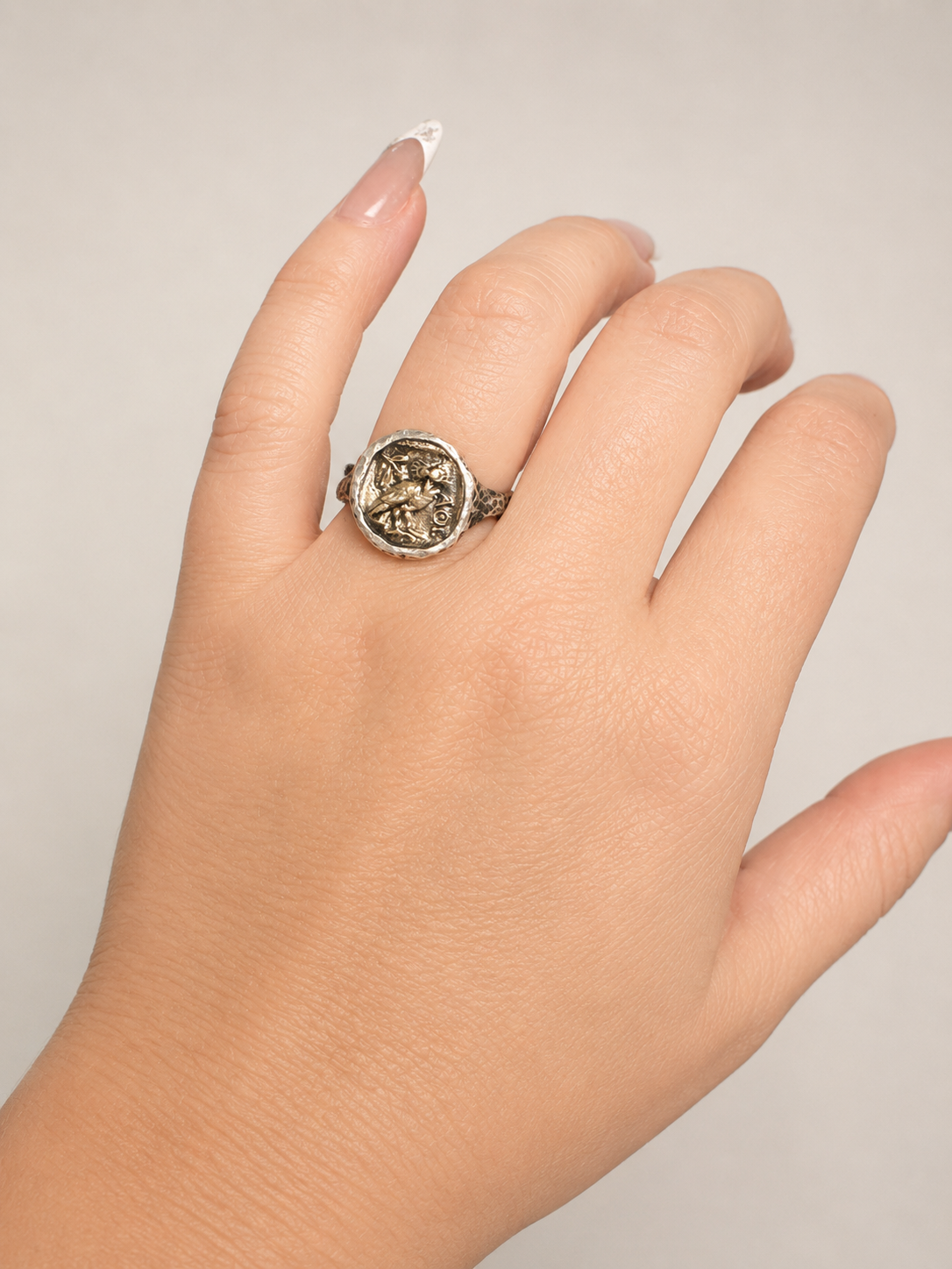 Oxidized Silver & Bronze Bird Coin Ring -Size 8
