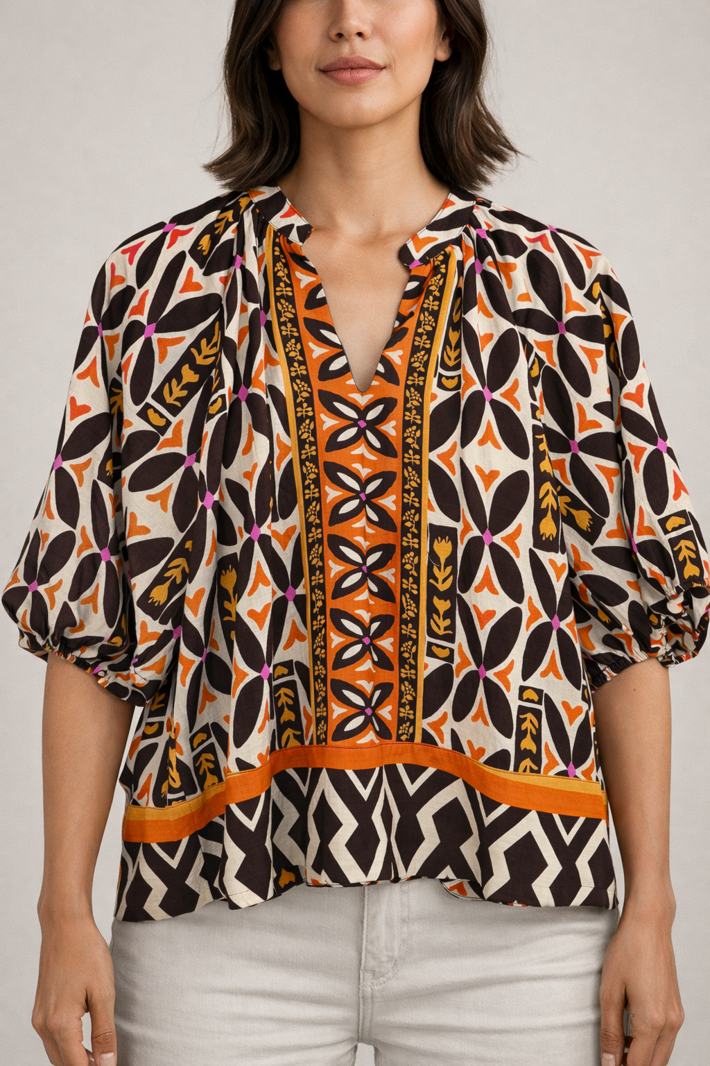 Puff sleeve print v-neck top - BR