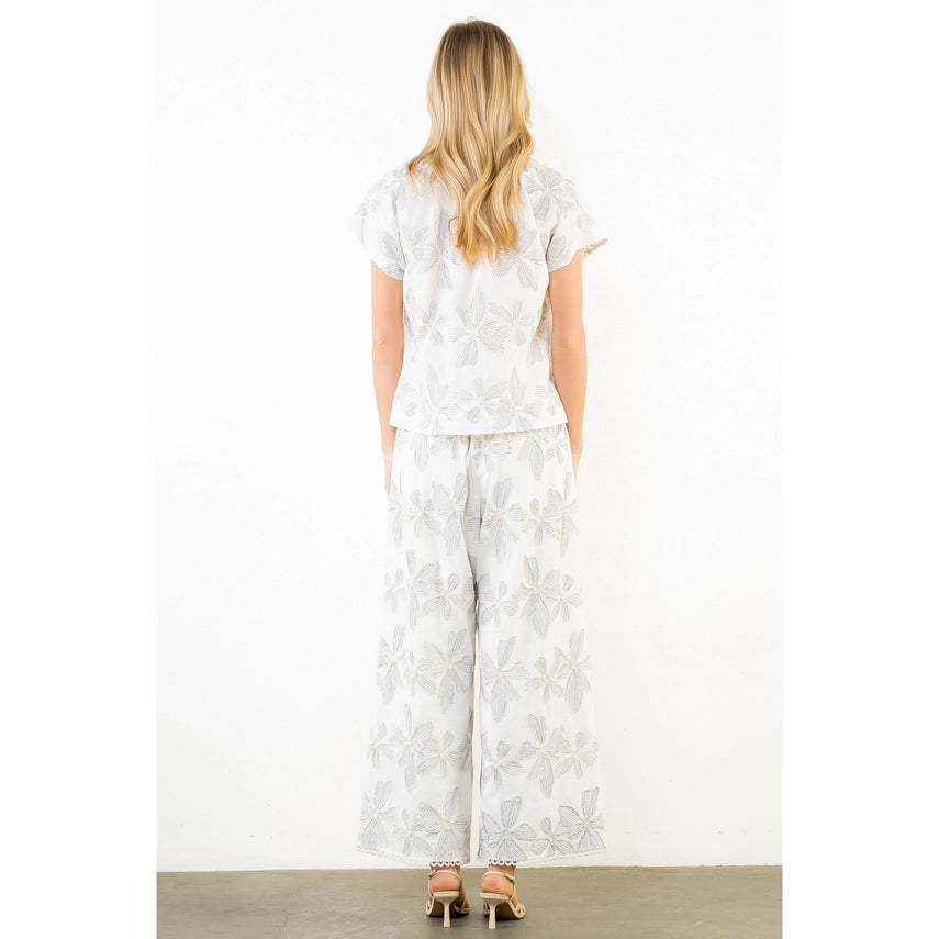 Cream Embroidery Floral Pants Set