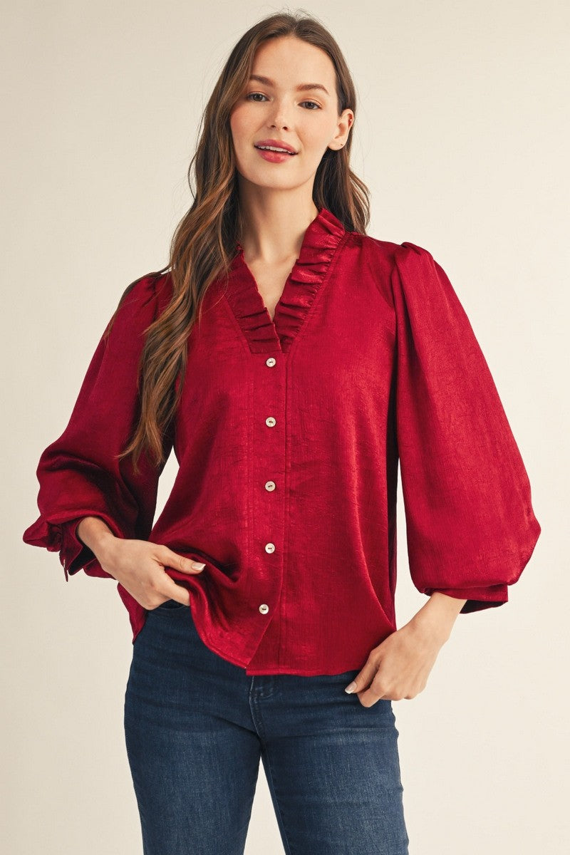 Burgundy Ruffled Neckline Button Down Metallic Blouse