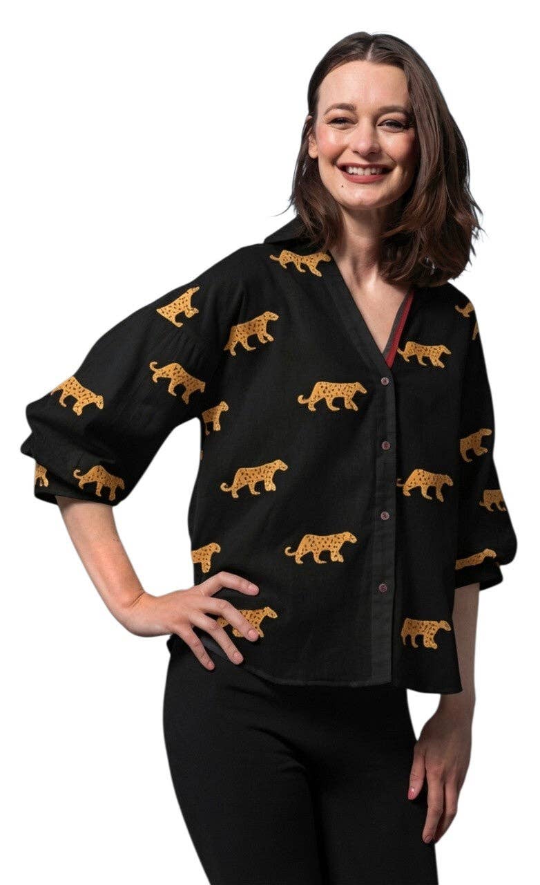 Black Milano top with embroidered cheetah detail