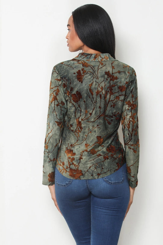 Olive Flocked Ity Button Front Ruched Shirt