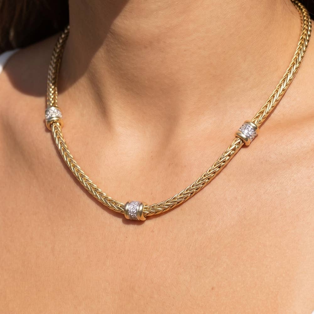 Triple Station Cz Wheat Chain Necklace