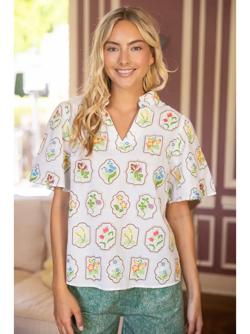 White Framed Floral Embroidered V-Neck Top