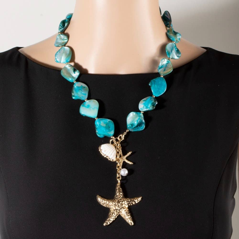 Gold Starfish & Sea Charm Drop Shell Stone Necklace