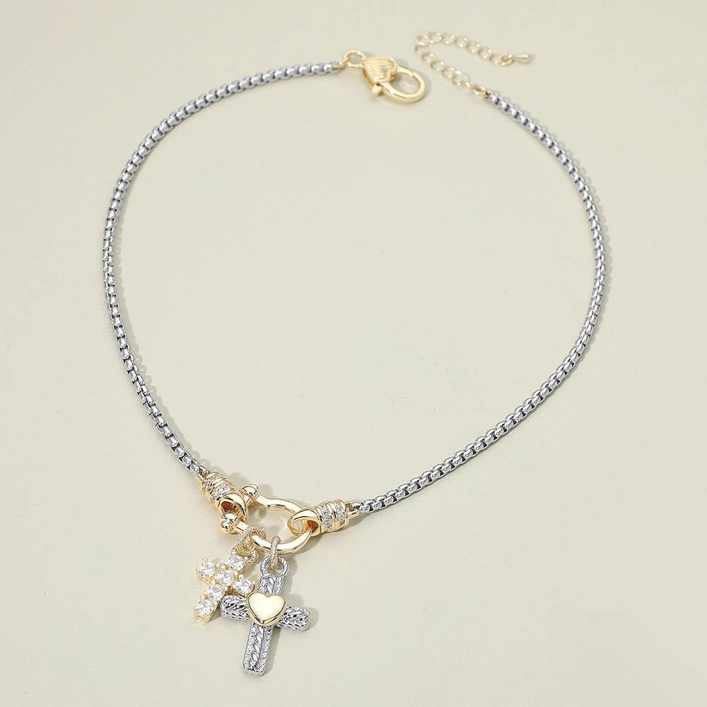 14K Gold Plated CZ Stone Cross Two Tone Heart Cross Horsebit Carabiner Charm Necklace