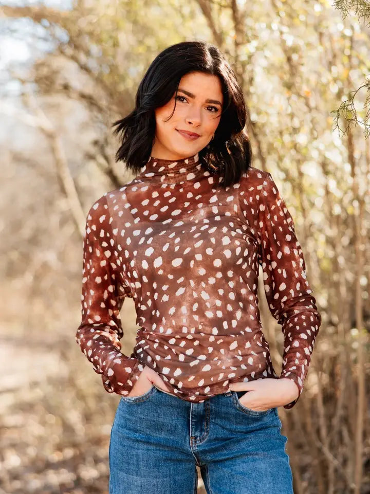 Mock Neck Mesh Top, Deer Print