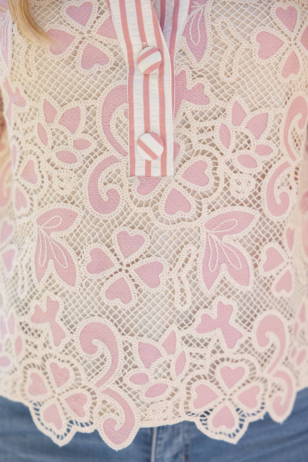 Mauve Collared V-Neck Stripe and Lace Mixed Fabric Top