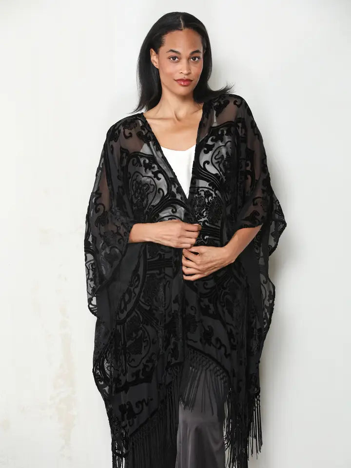 Black Velvet Burnout Fringe Trim Open Front Kimono