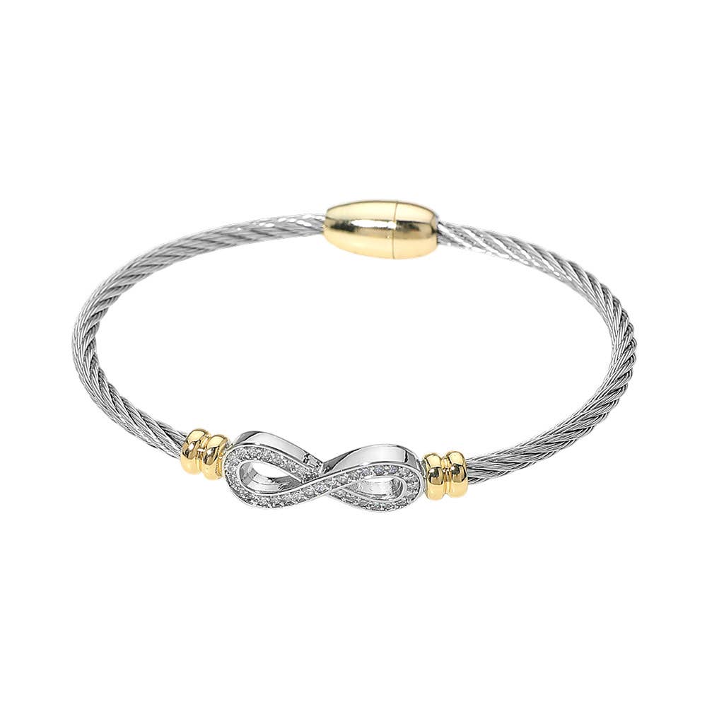 14K Gold Plated Two Tone CZ Pave Infinity Accent Twisted Cable Magnetic Bracelet