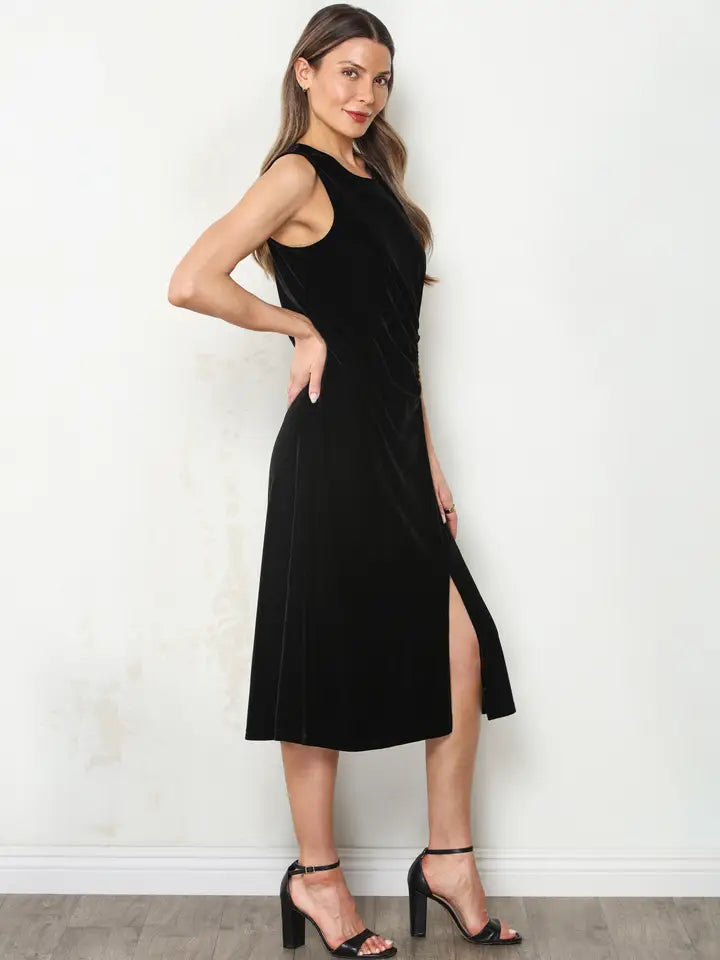 Black Velvet Side-Cinch Midi Dress