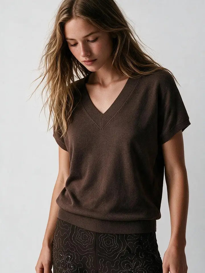 Fine-Knit V-Neck Sweater with Short Dolman Drop-Shoulder Sleeves