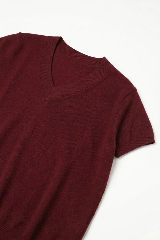 Fine-Knit V-Neck Sweater with Short Dolman Drop-Shoulder Sleeves