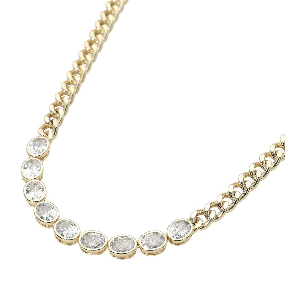 14K Gold Plated Round CZ Bezel Link Curb Chain Necklace