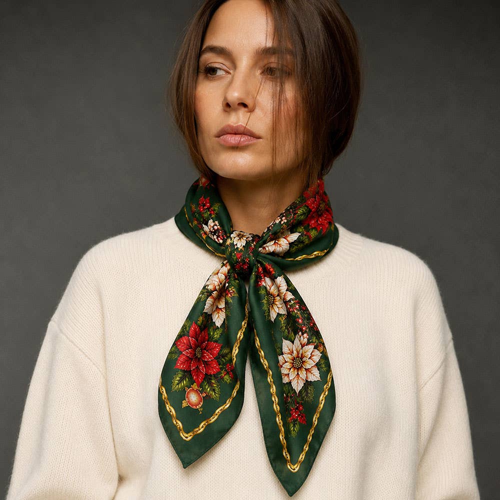 Holiday Poinsettia Floral Print Square Scarf
