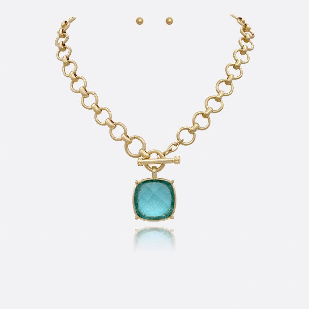 Square Stone Pendant Chain Necklace Set