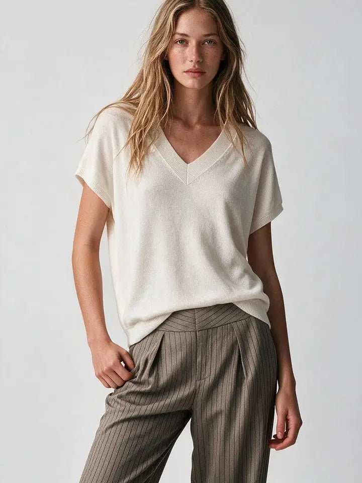 Fine-Knit V-Neck Sweater with Short Dolman Drop-Shoulder Sleeves