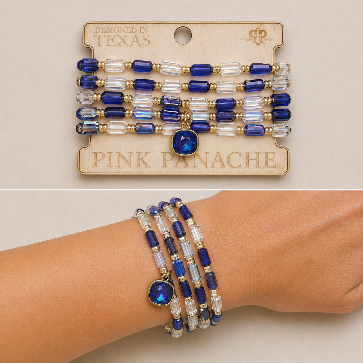 Blue Rectangle Bead & Australian Crystal Stretch Bracelet Set