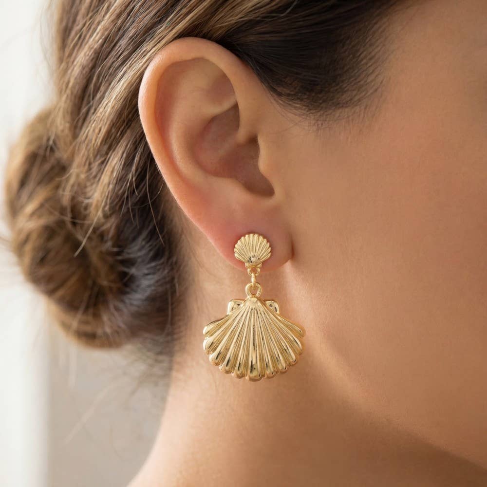 Gold Dipped Double Sea Shell Stud Dangle Earrings