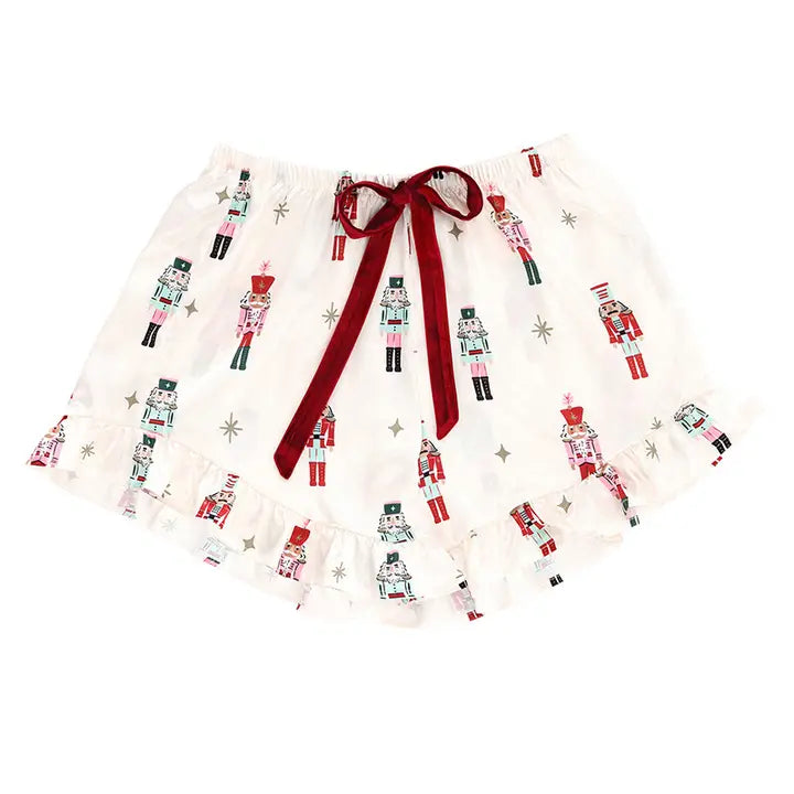Ruffled Short Pj Set with Velvet Ties - Ivory + Nutcrackers