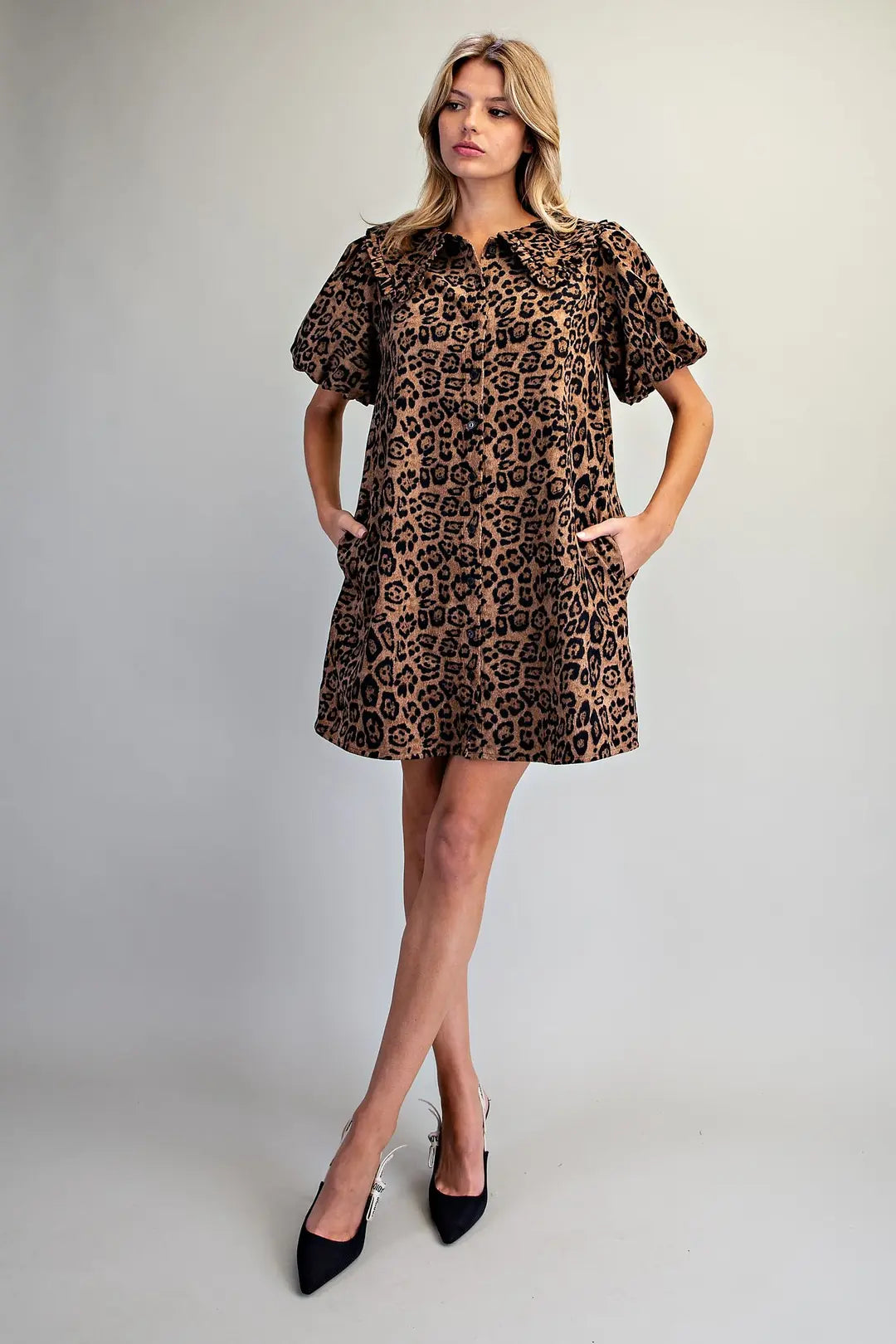 Leopard Ruffle Collar Puff Sleeve Dress
