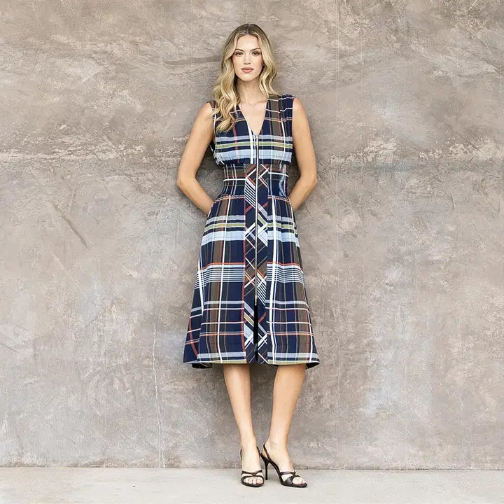Navy Plaid Zipper Front Midi Dress