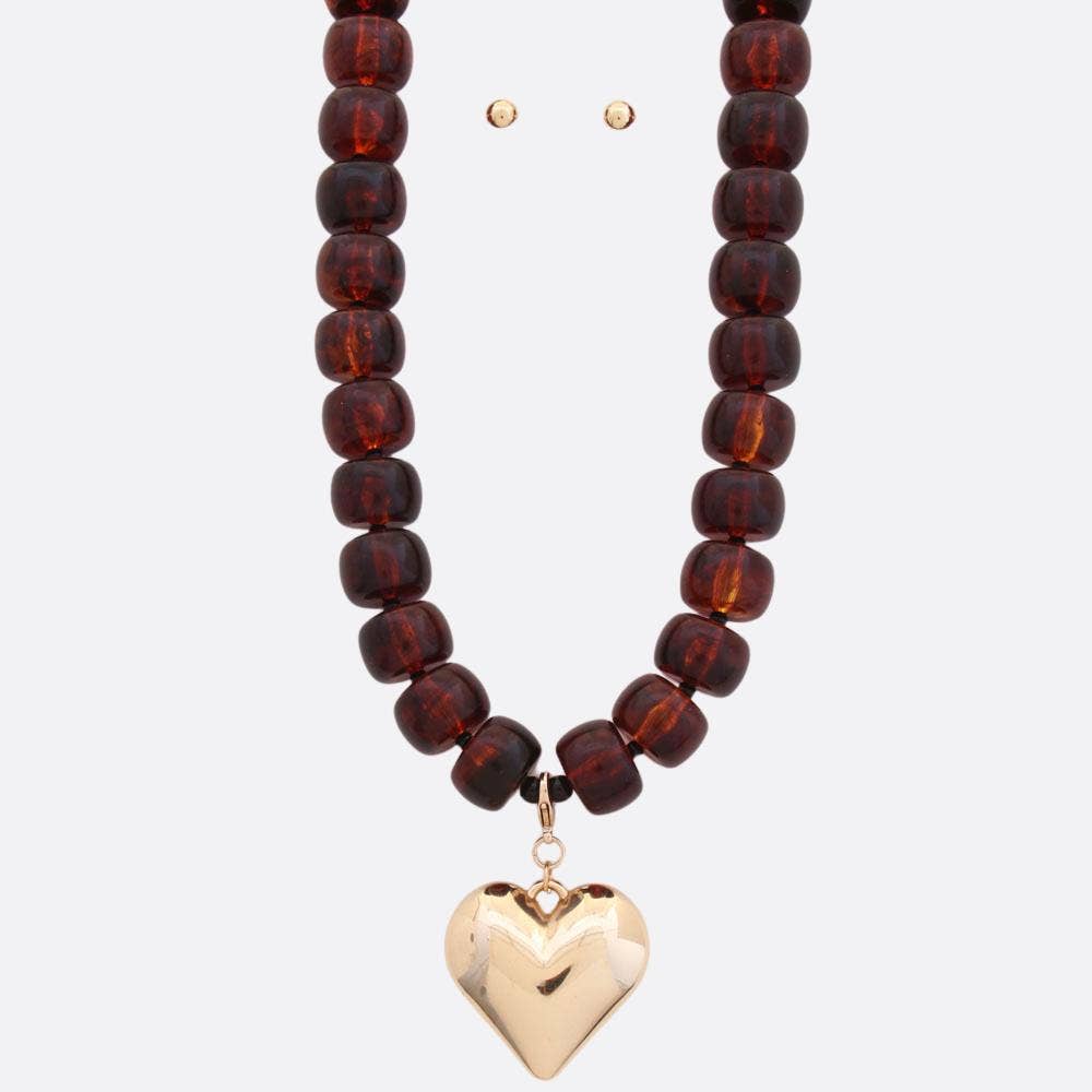 Puffy Heart Pendant Beaded Necklace