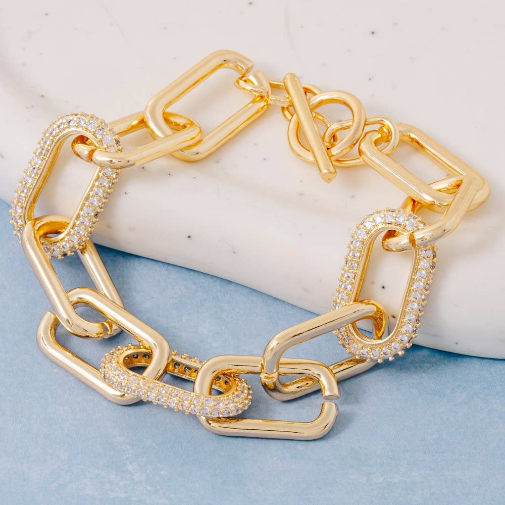 Gold Dipped Simple Cz Oval Toggle Chain Bracelet