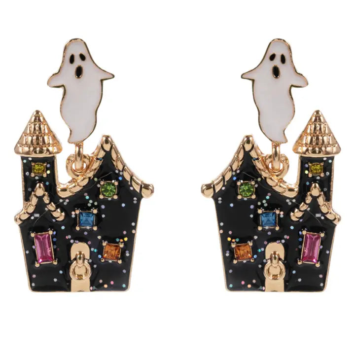 Ghost and haunted house with crystals earring