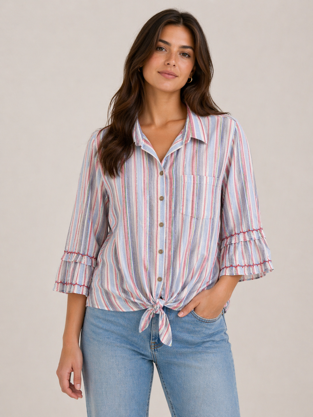 John Mark Striped Tie Front Blouse with Ruffle Sleeves